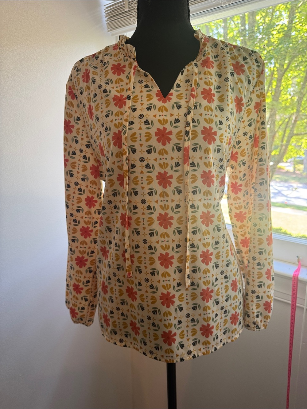 Tie-Neck Floral Blouse in Cream with Coral & Green